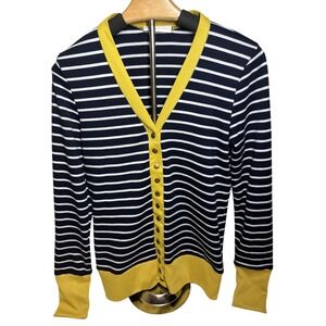 Women's Navy Stripe Snap Front Cardigan Yellow Trim Coco & Main Size L Preppy